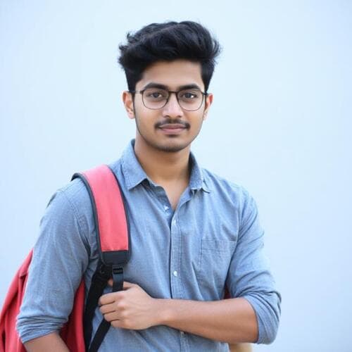 नीली शर्ट और चश्मा पहने एक युवा छात्र, जिसने लाल रंग का बैकपैक टांगा है।